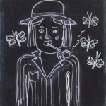 Naiv måling i svartvitt av kvinna med hatt och pipa